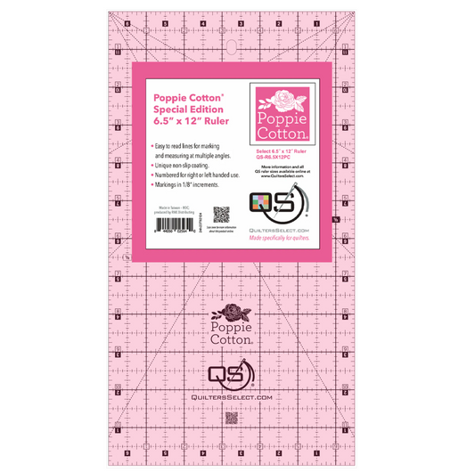 Quilters Select, 6.5" X 12" Pink Non-slip Ruler, Poppie Cotton's Limited Edition! - Good Vibes Quilt Shop