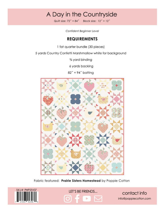 A Day in the Country quilt pattern by Jina Barney featuring Prairie Sisters Homestead fabric, displayed with colorful patchwork design.