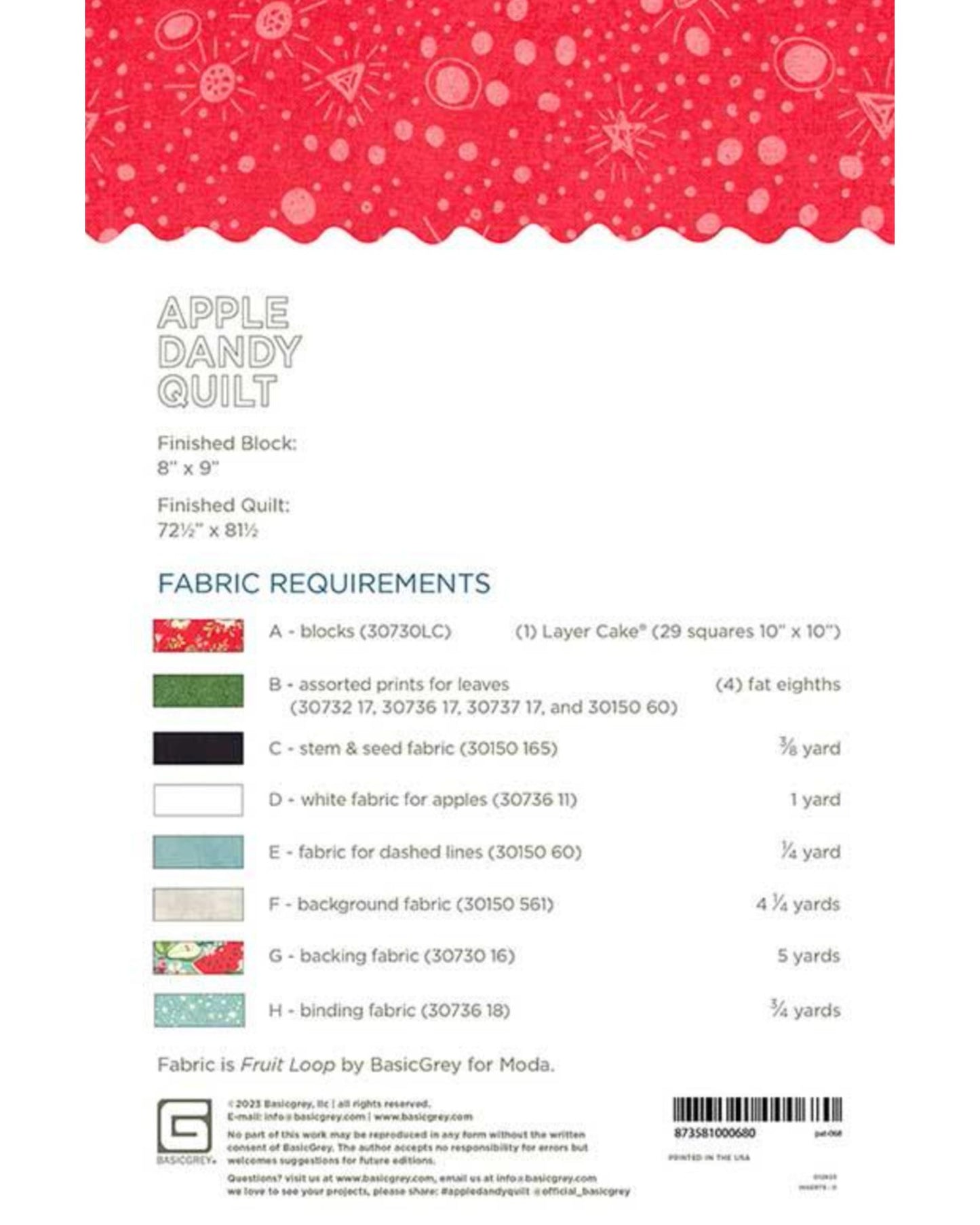 Apple Dandy Pattern, by Basic Grey PAT068, Layer Cake or 10" Stacker Friendly Pattern - Good Vibes Quilt Shop