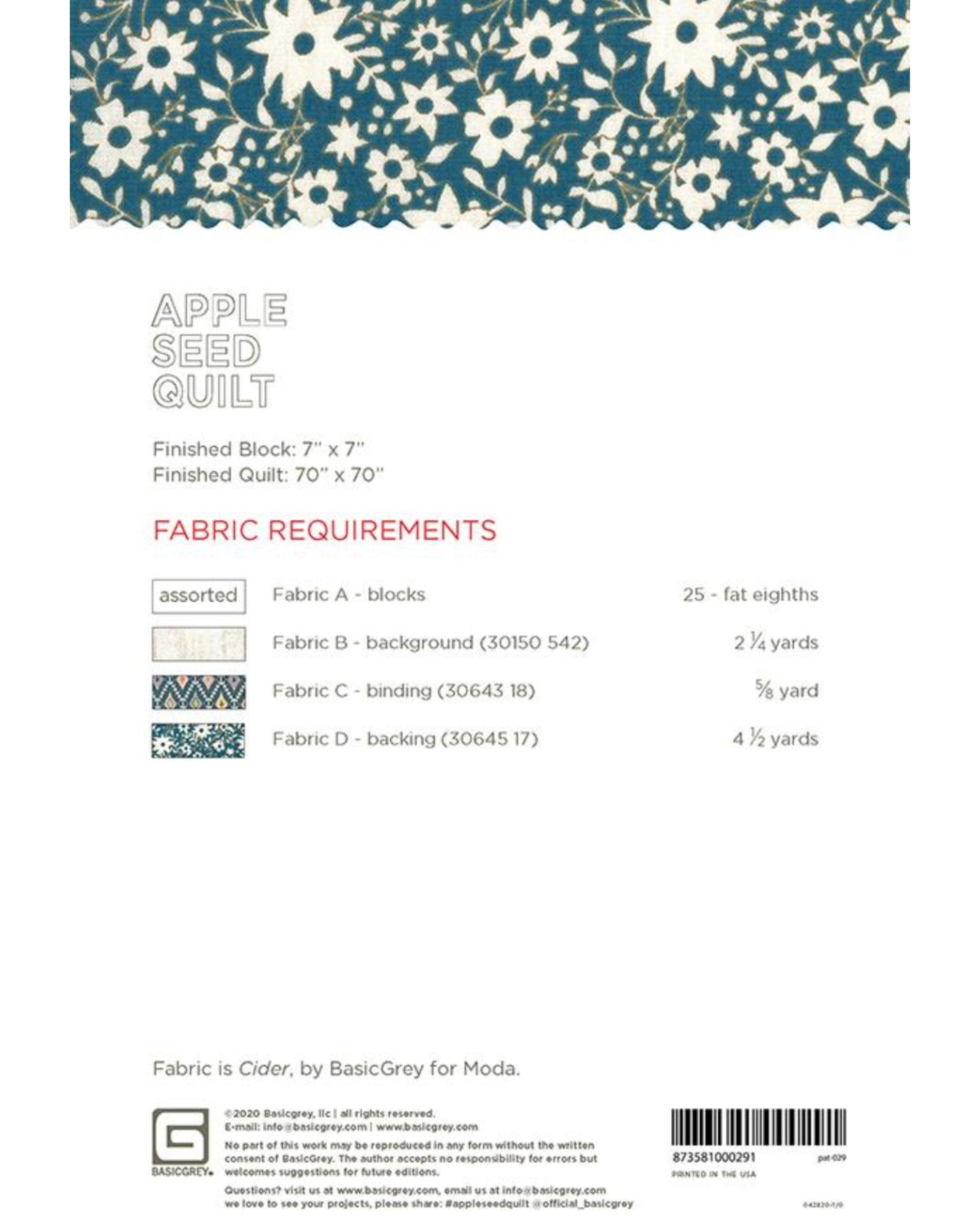 Apple Seed Quilt Pattern, by Basic Grey, PAT029, Fat 8th Friendly Pattern - Good Vibes Quilt Shop