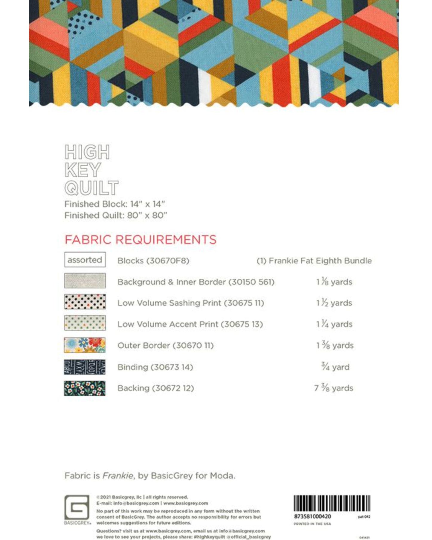 High Key Quilt Pattern, by Basic Grey, PAT042, Fat 8th Friendly Pattern - Good Vibes Quilt Shop