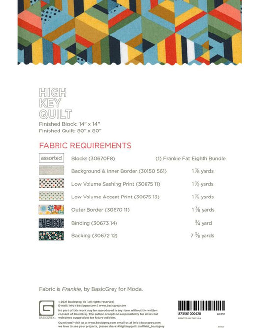 High Key Quilt Pattern, by Basic Grey, PAT042, Fat 8th Friendly Pattern - Good Vibes Quilt Shop