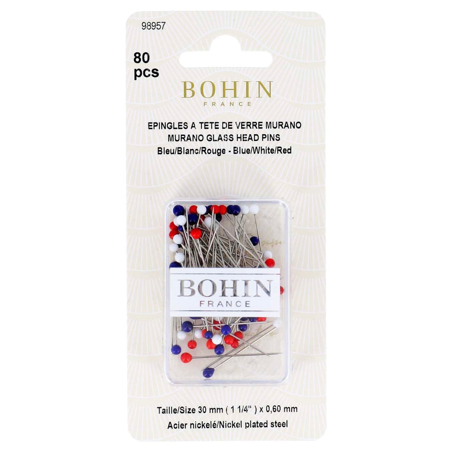 Bohin, Glass Head Pins, 1-3/16in 80 Pins, Red White Blue - Good Vibes Quilt Shop