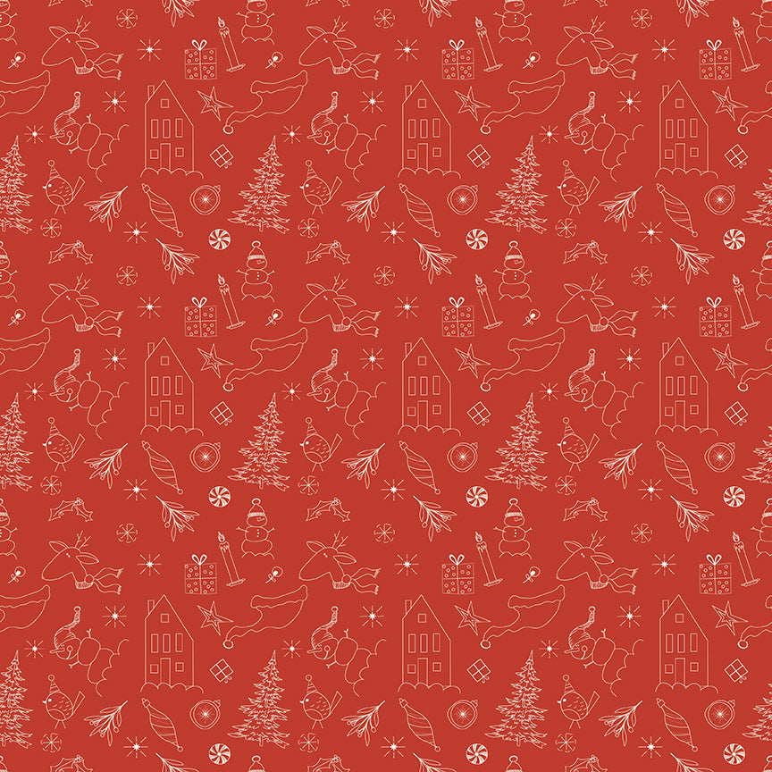 Christmas is in Town, C14742 Red Doodles Ornaments, sold by the 1/2 yard, PREORDER - Good Vibes Quilt Shop