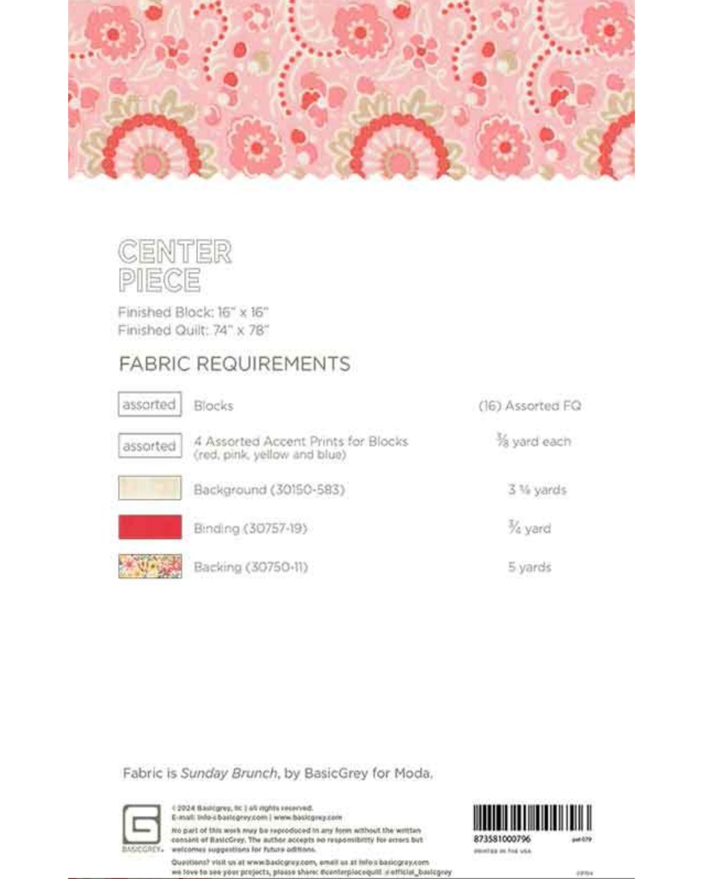 Center Piece Quilt Pattern, by Basic Grey, PAT079, Fat Quarter Friendly - Good Vibes Quilt Shop