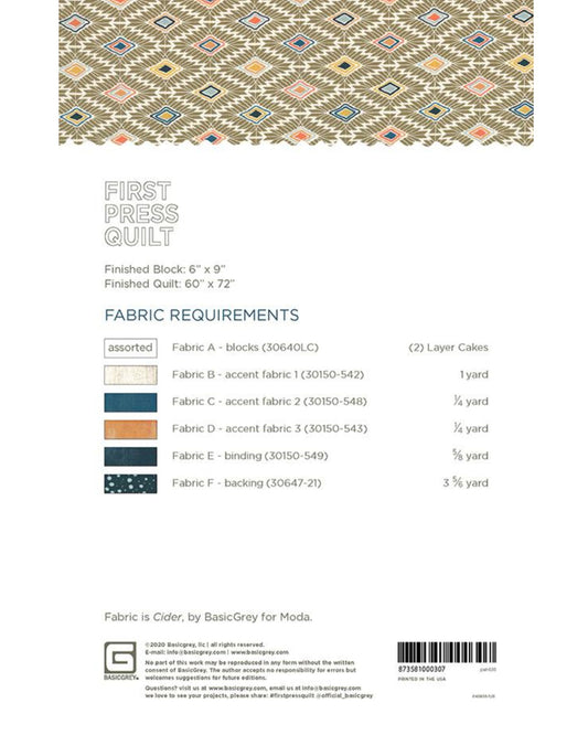 First Press Quilt Pattern, by Basic Grey, PAT030, 2 Layer Cakes Friendly - Good Vibes Quilt Shop