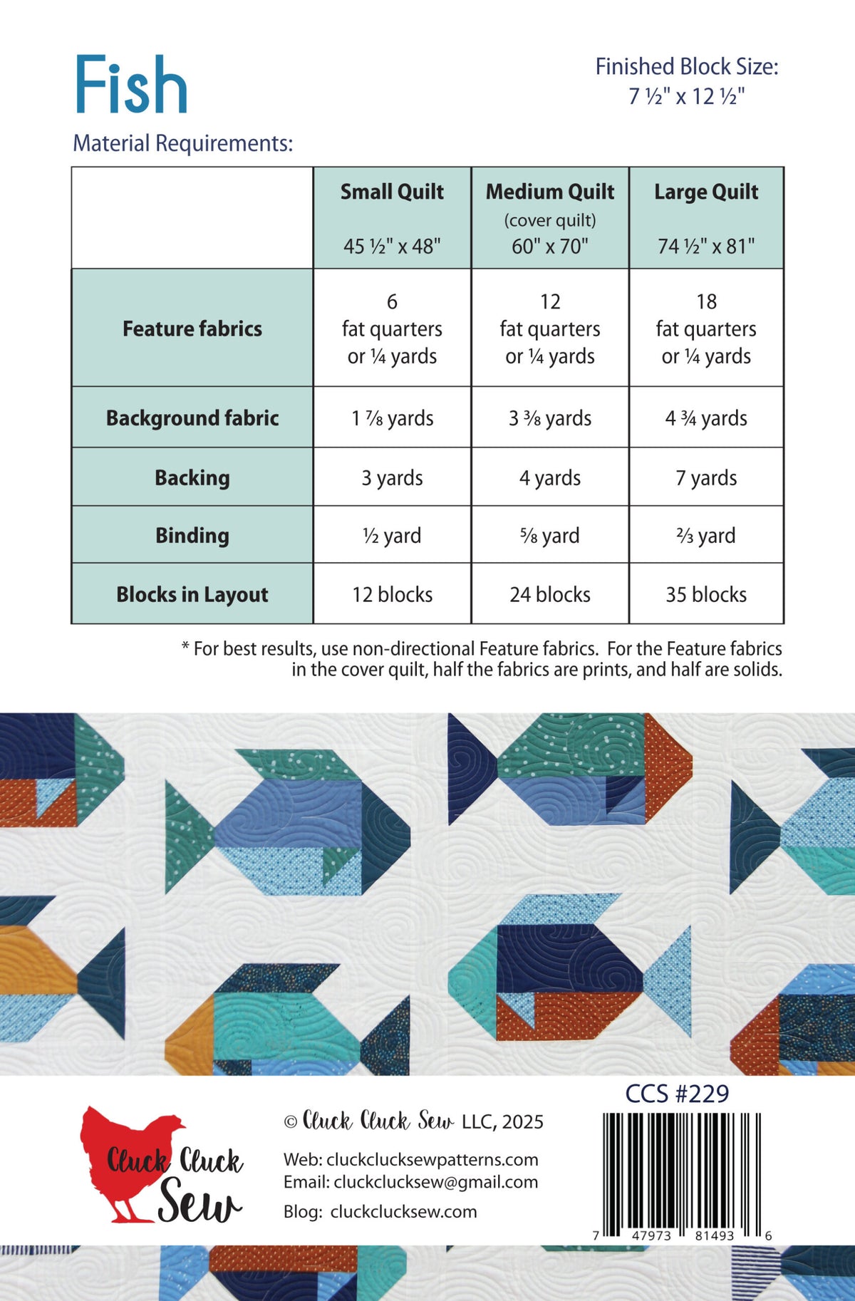 Fish quilt pattern by Cluck Cluck Sew CCS 229 back cover