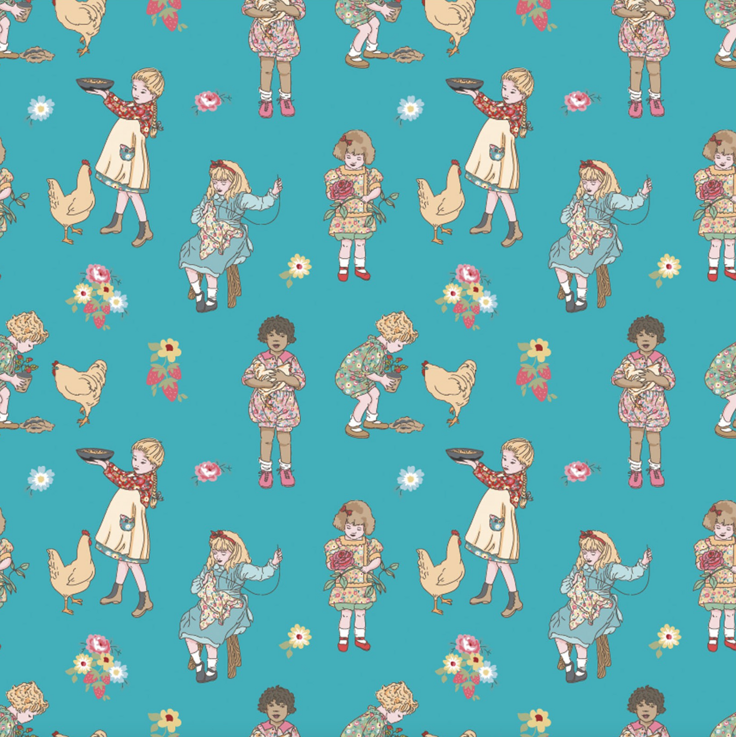 Hopscotch and Freckles, HF21902, Children's Chores, Teal, sold by the 1/2 32 - Good Vibes Quilt Shop