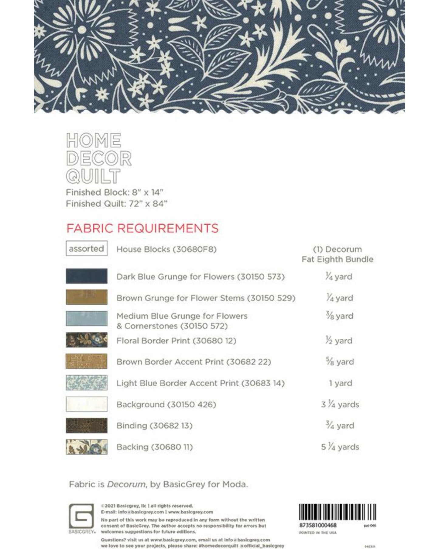 Home Decor Quilt Pattern, by Basic Grey, PAT046, Fat 8th Friendly Pattern