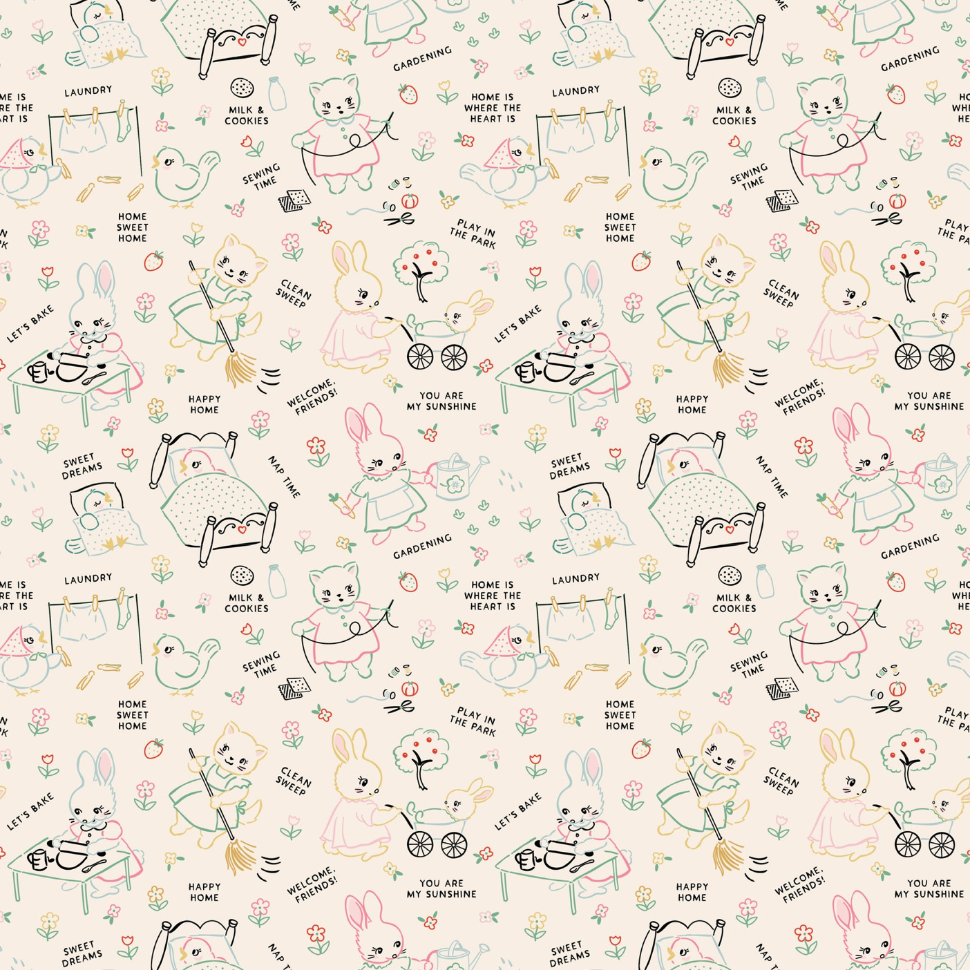 Home Sweet Home Chore Time Multi VR24460 Poppie Cotton Quilt Fabric Jina Barney Lori Woods