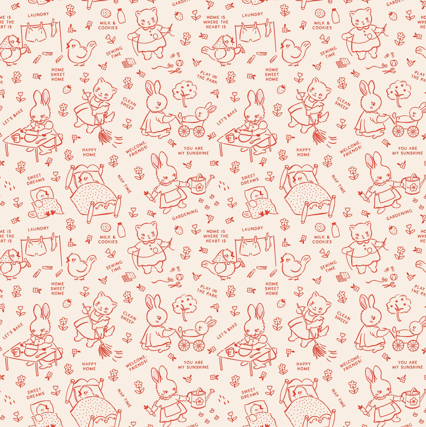 Home Sweet Home Chore Time Red VR24459 Poppie Cotton Quilt Fabric Jina Barney Lori Woods