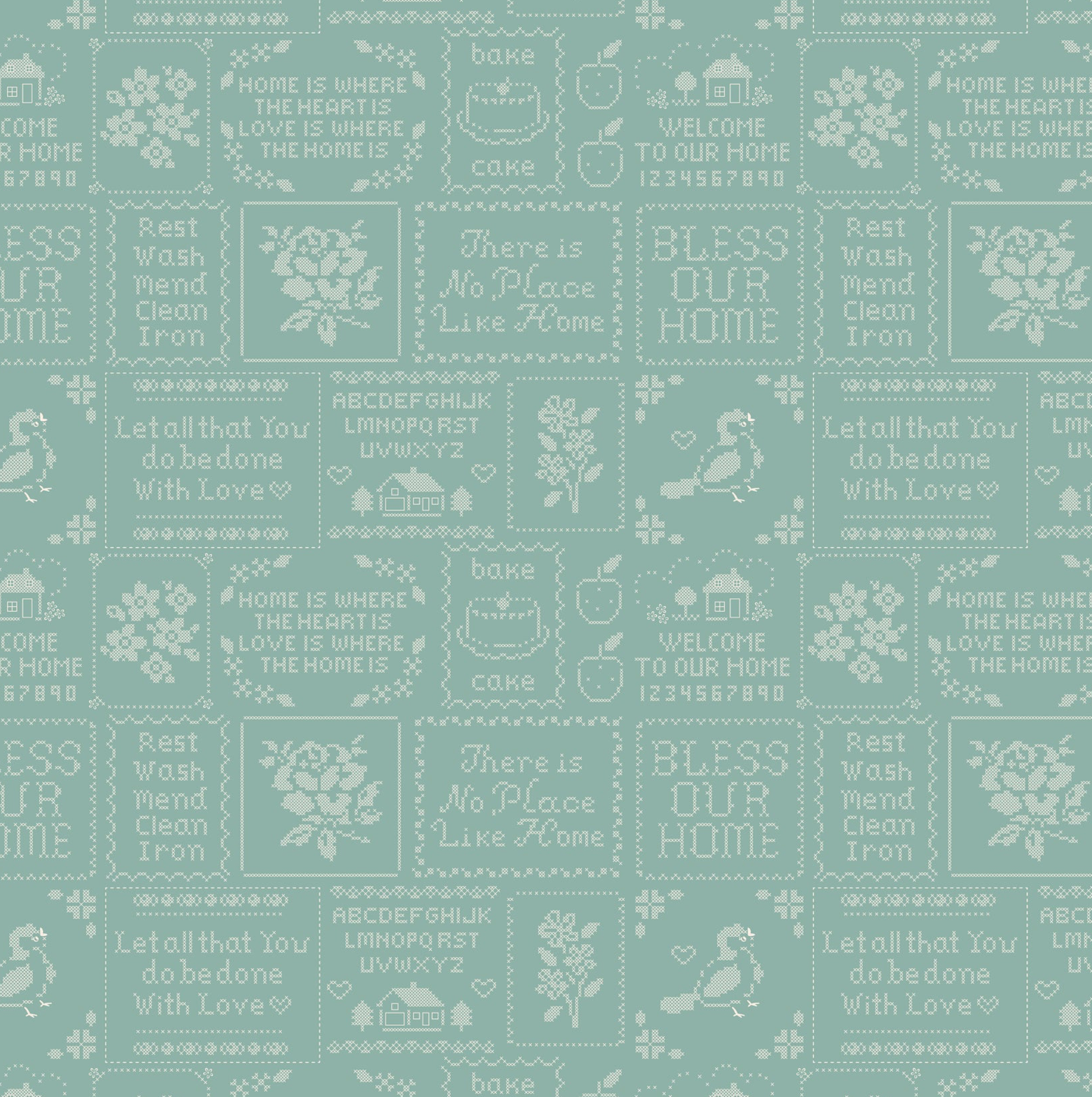 Home Sweet Home Cross Stitch Blue VR24464 Poppie Cotton Quilt Fabric Jina Barney Lori Woods