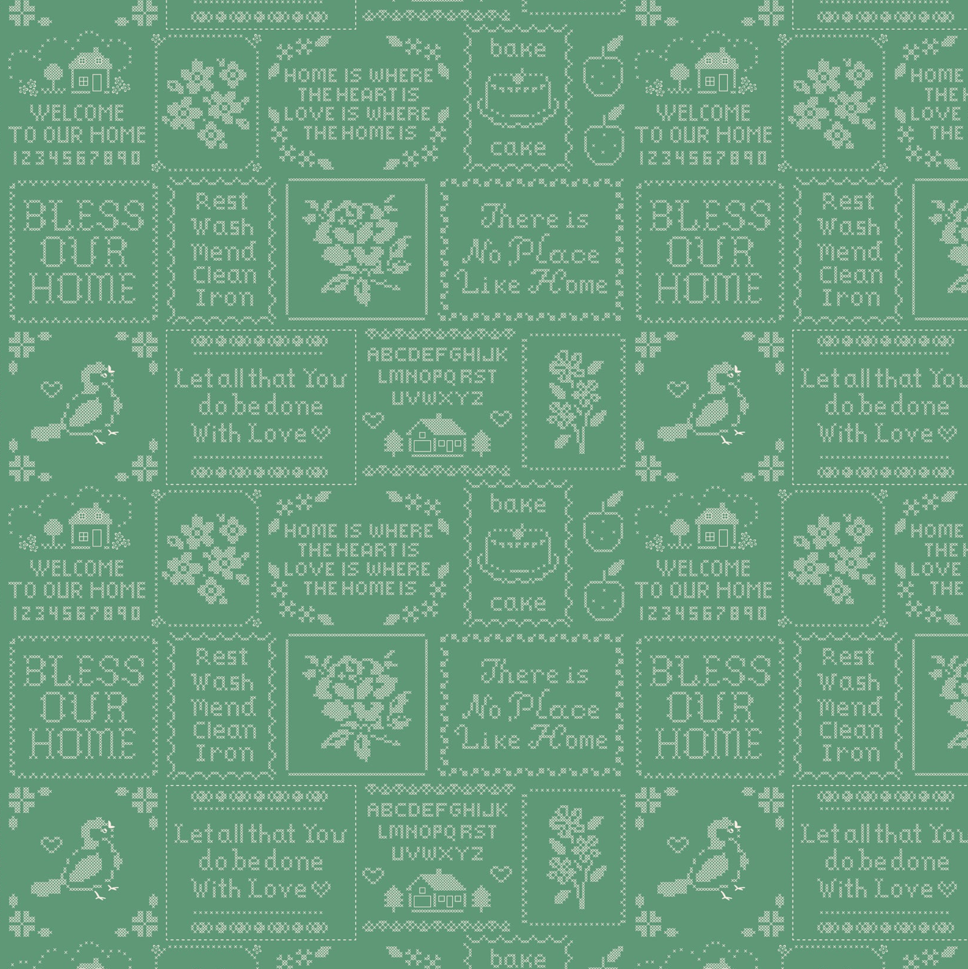 Home Sweet Home Chore Time Green VR24463 Poppie Cotton Quilt Fabric Jina Barney Lori Woods