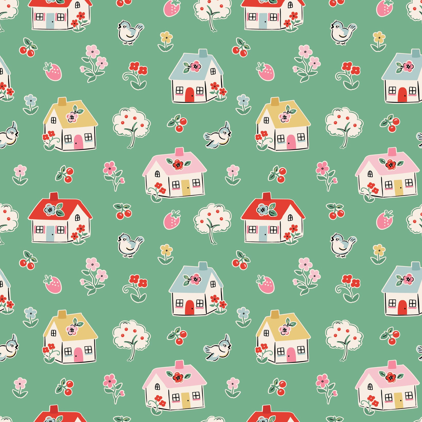 Home Sweet Home Happy Home Green VR24457 Poppie Cotton Quilt Fabric Jina Barney Lori Woods