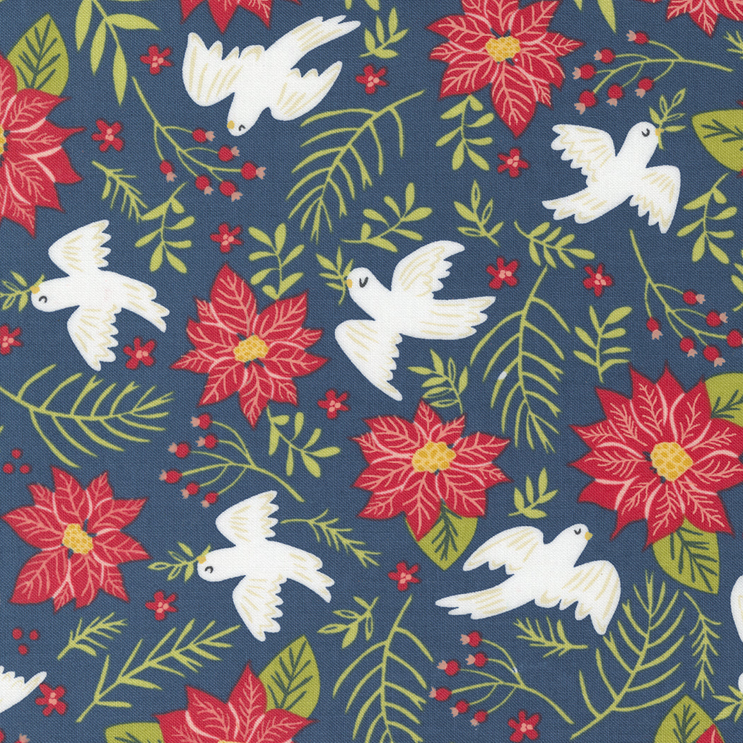 Joyful Joyful, Peace Large Floral Birds Poinsettia, Midnight Blue, 20802 24 - Good Vibes Quilt Shop