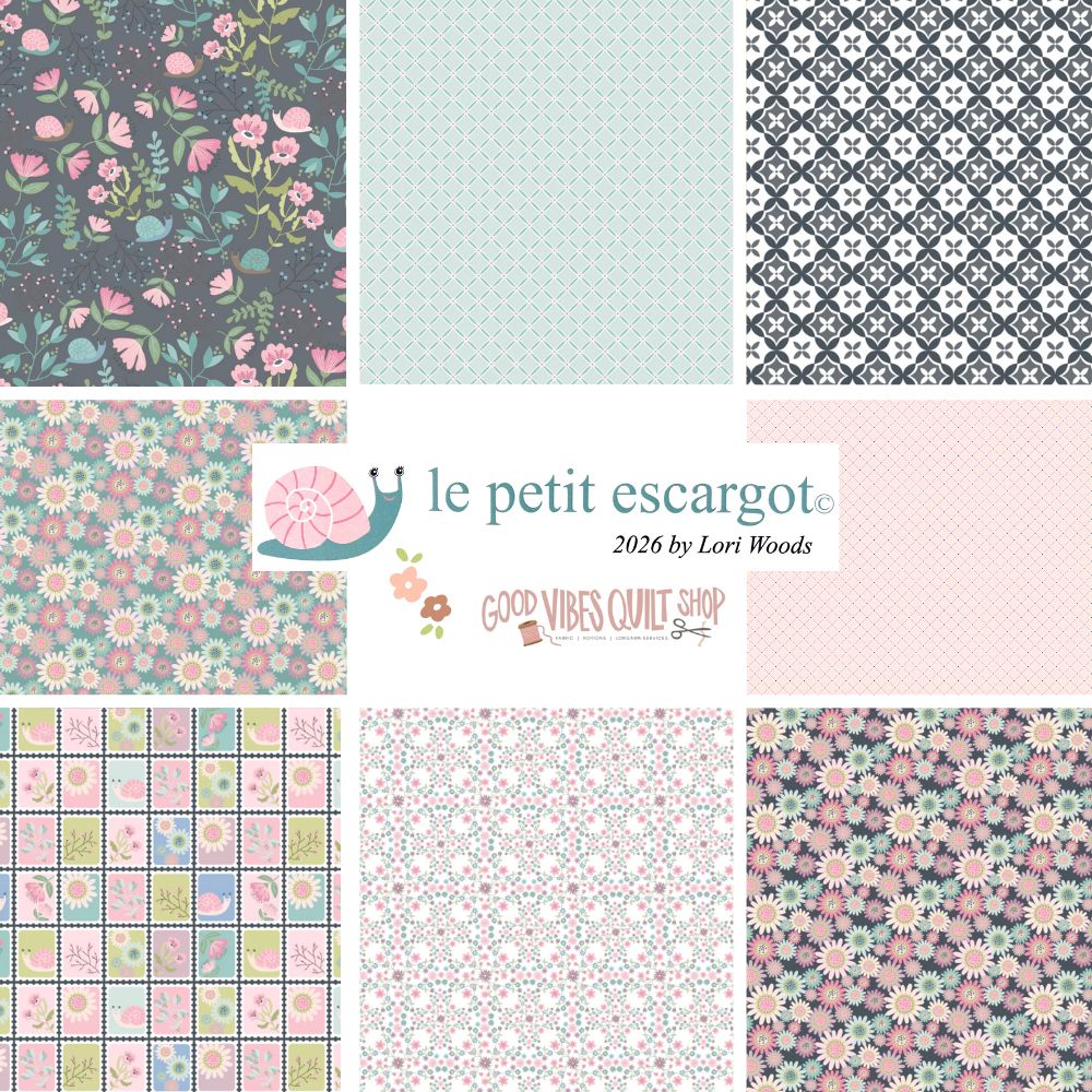 Le Petit Escargot Aussie Quilt grey fabric by Poppie Cotton from Lori Woods' collection, featuring a logo with snail design.