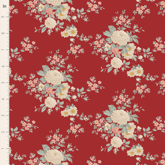 Floral pattern on red fabric with a ruler for scale
