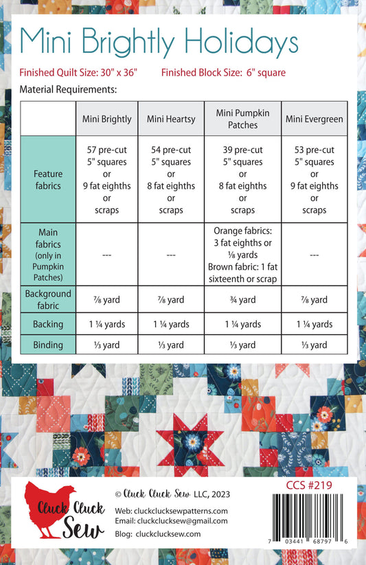 Mini Brightly Holidays quilt pattern by Cluck Cluck Sew CCS 219 back cover
