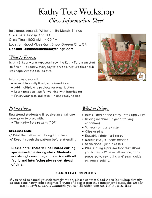 IN SHOP CLASS: KATHY TOTE Bag Making Class with Amanda of BeMandyThings, June 12th