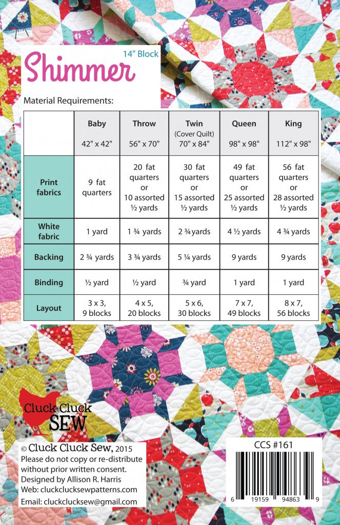 Shimmer quilt pattern by Cluck Cluck Sew CCS 161 back cover