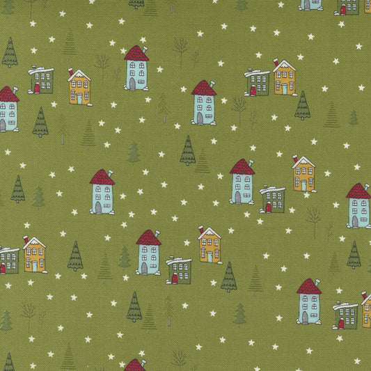 Snowkissed, The Lodge Novelty Christmas Houses, Pine Green 55582 13, *sold in 1 yard pieces