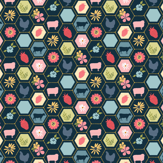 Sunshine & Chamomile, Strawberry Patch, Navy, SC23502, sold by the 1/2 yard