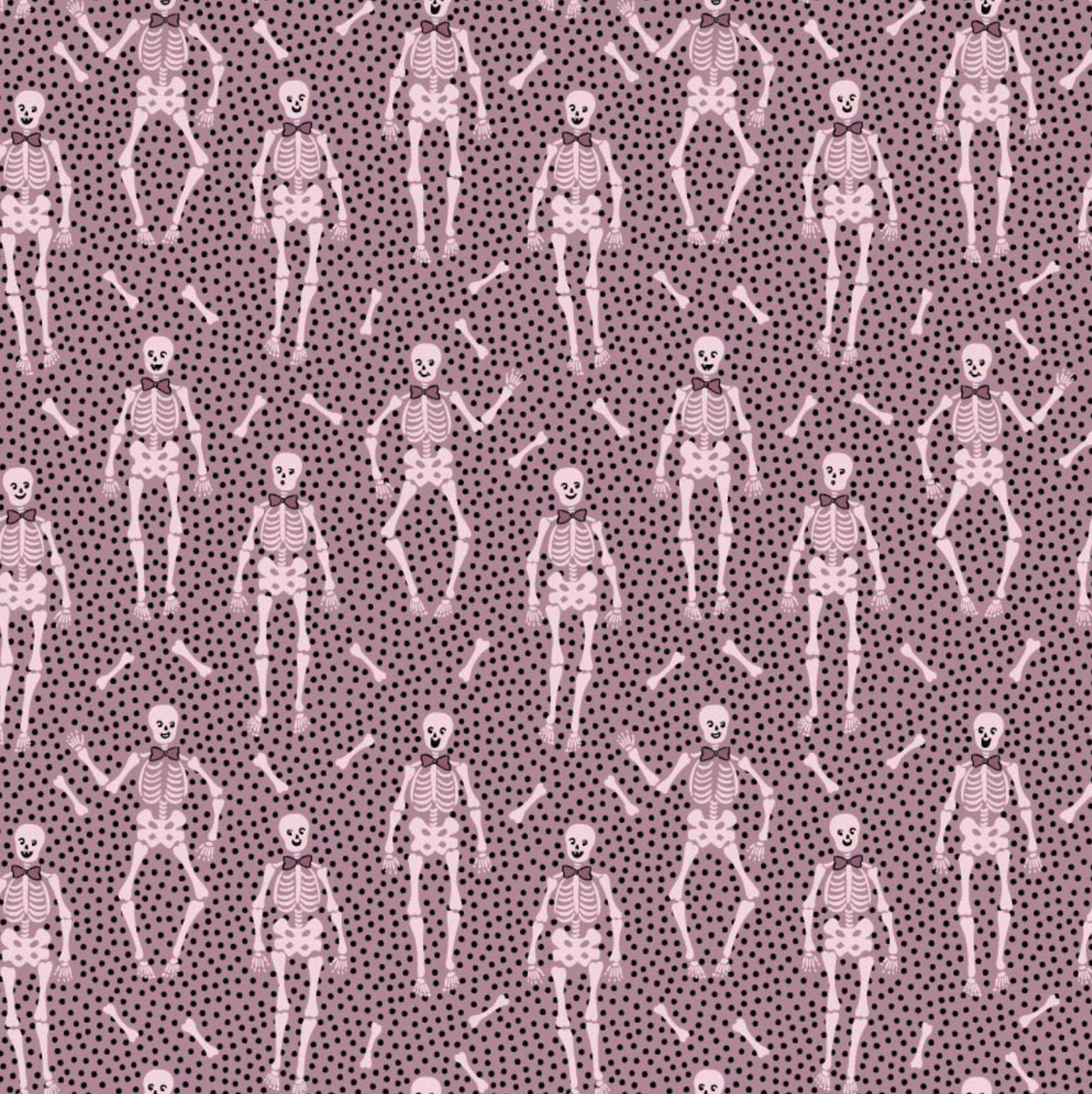 Purple fabric with a sweet tooth bones pattern by Poppie Cotton, sold by the half yard, designed by Elea Lutz.