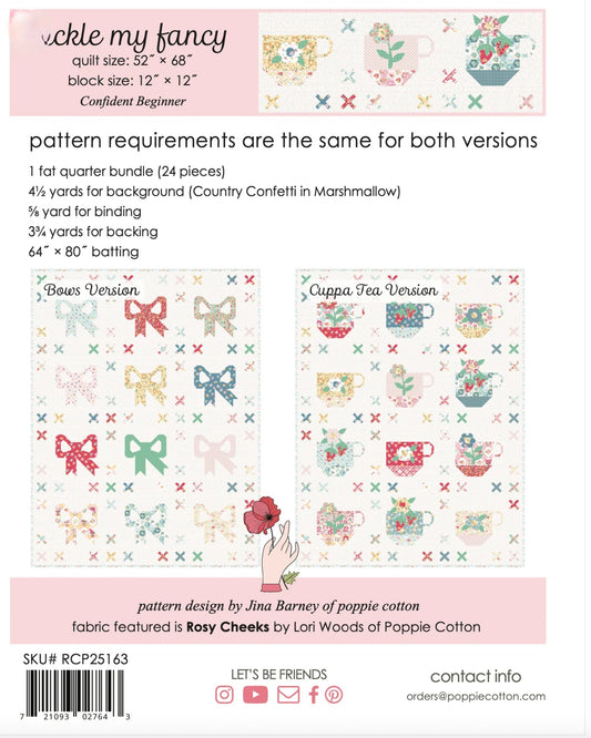 Tickle My Fancy Bow And Cuppa Tea Pattern, for the Rosy Cheeks Fabric by Poppie Cotton, Fat Quarter Friendly, PREORDER - Good Vibes Quilt Shop