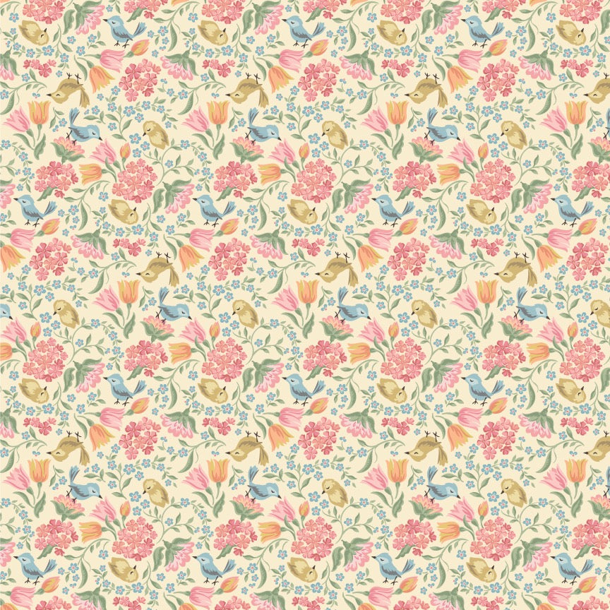 Singing Meadow fabric by Sheri McCulley for Poppie Cotton featuring meadow songbirds and sunshine, sold by the half yard.