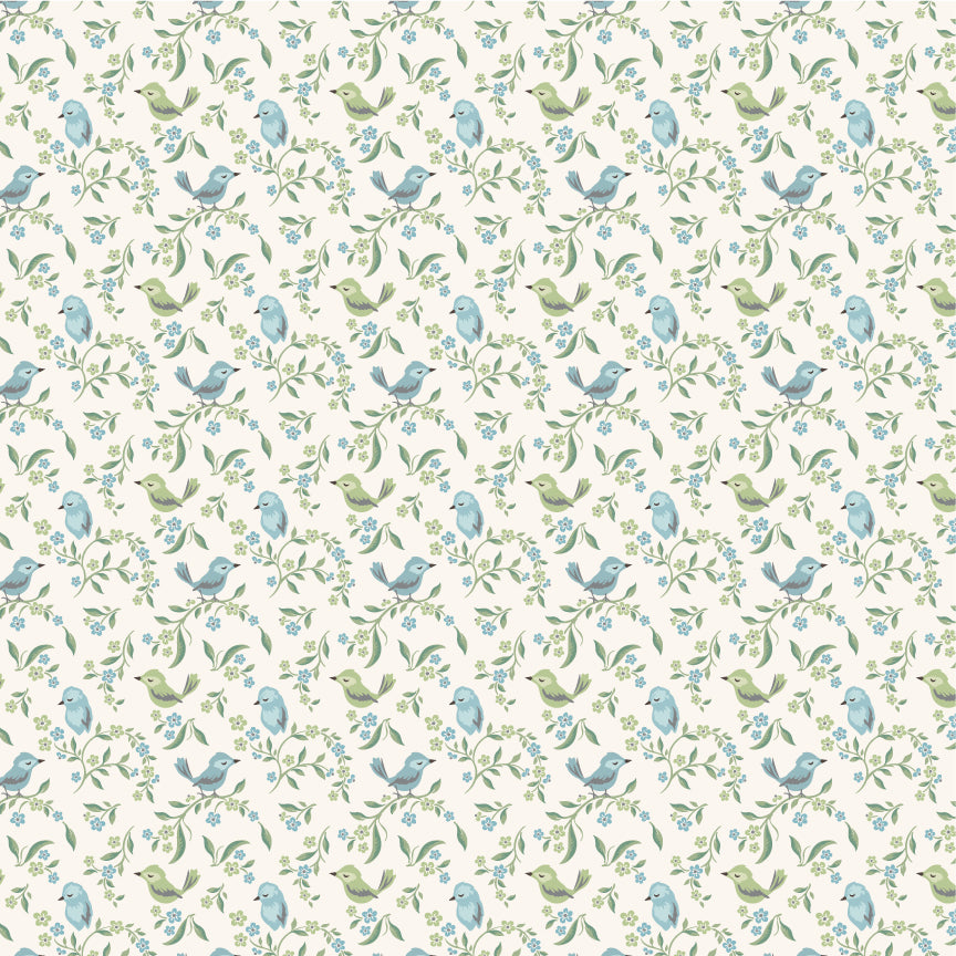 Sweetest Song Morning Sky SM271820 from Singing Meadow by Sheri McCulley for Poppie Cotton, blue and green birds among delicate floral vines.