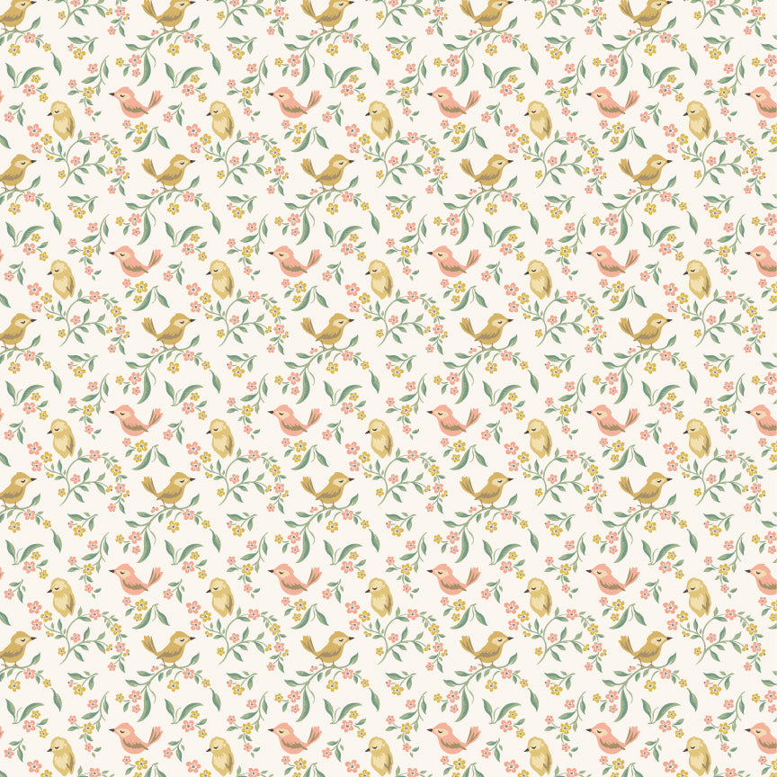Sweetest Song Sunshine SM271821 from Singing Meadow by Sheri McCulley for Poppie Cotton, golden and coral birds among delicate floral vines.