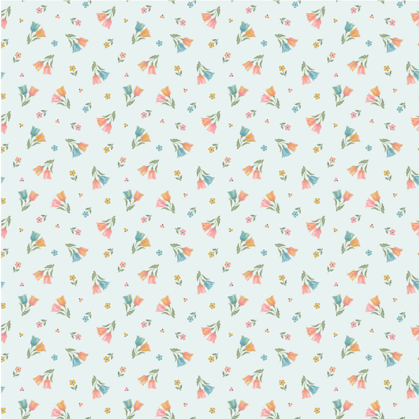 Tiptoe Tulips Morning Sky SM271817 from Singing Meadow by Sheri McCulley for Poppie Cotton, tossed multicolor tulips and tiny flowers on a pale blue background.