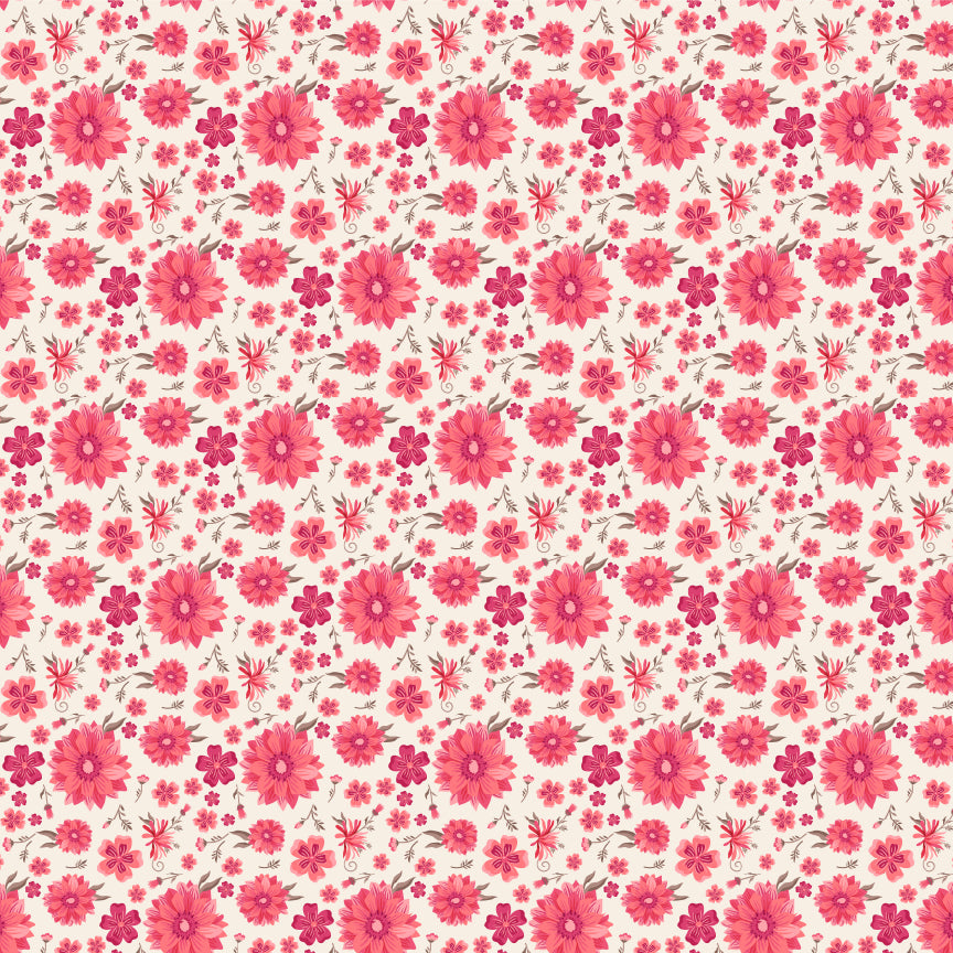Southern Floral Buff TS271601 from Tennessee Summer by Samantha Walker for Poppie Cotton, tossed red and pink flowers on a warm buff background.