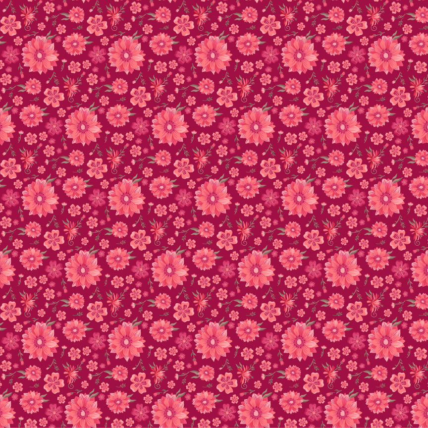 Southern Floral Dark Red TS271603 from Tennessee Summer by Samantha Walker for Poppie Cotton, tossed pink and red flowers on a deep red background.