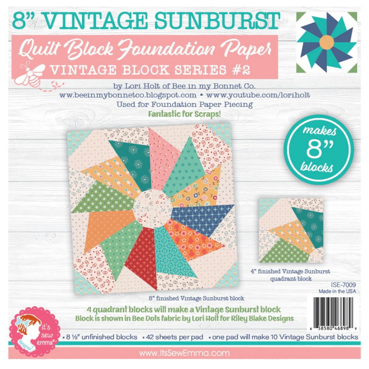 8 inch Vintage Sunburst Quilt Block Foundation Paper by It's Sew Emma, ISE-7009