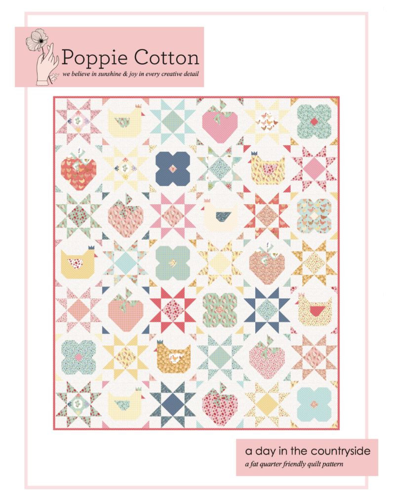 A Day in the Country quilt pattern by Jina Barney for Poppie Cotton, featuring colorful country-themed fabric designs.