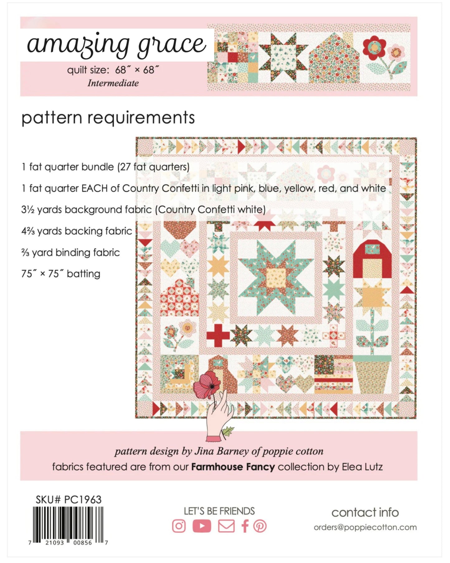 Amazing Grace Pattern for Farmhouse Fancy Fabric by Poppie Cotton, PC1963 - Good Vibes Quilt Shop