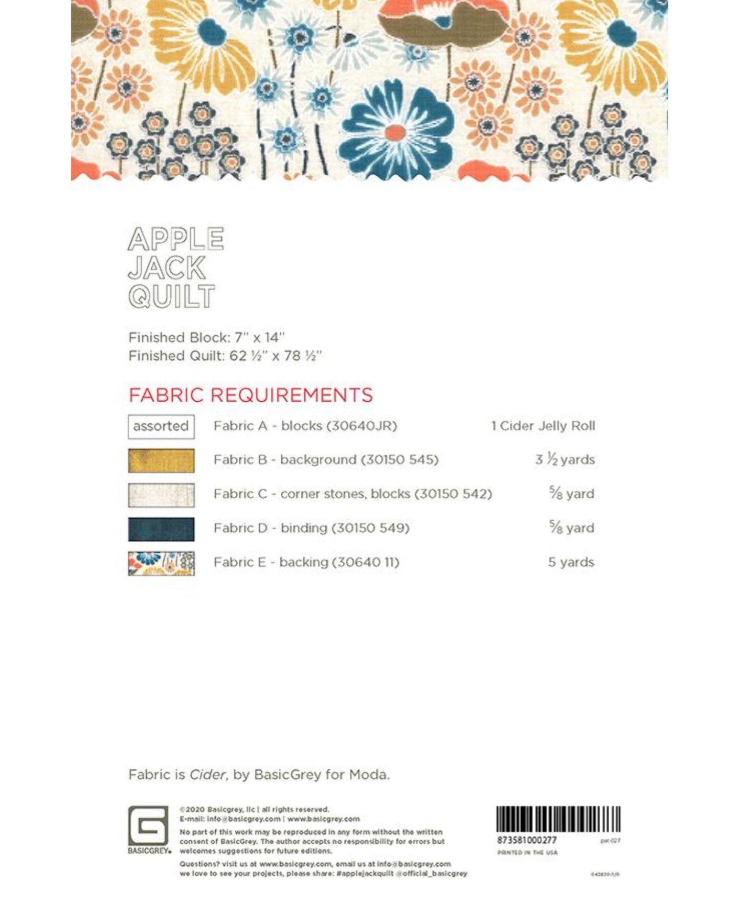 Apple Jack Quilt Pattern, by Basic Grey, PAT027, Jellyroll Friendly