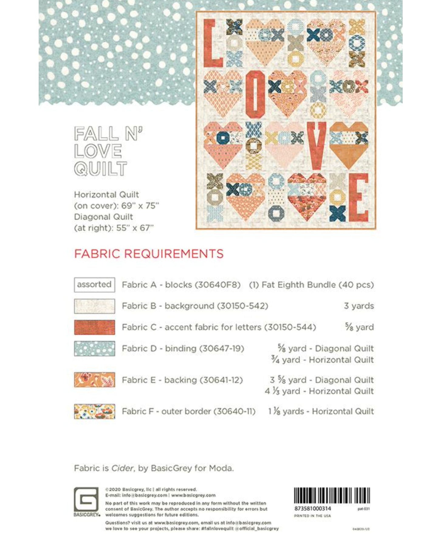 Fall N' Love Quilt Pattern, by Basic Grey, PAT031, Fat 8th Friendly Pattern - Good Vibes Quilt Shop