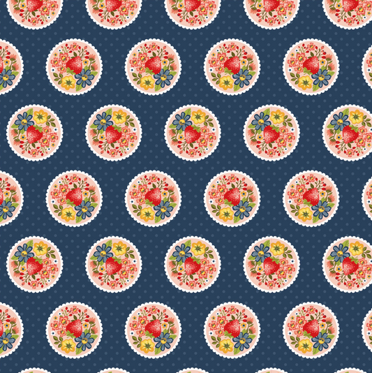 Betsy's Sewing Kit, Strawberry Pie, Blue, BK22106, sold by the 1/2 yard