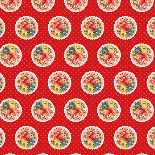 Betsy's Sewing Kit, Strawberry Pie, Red, BK22107, sold by the 1/2 yard