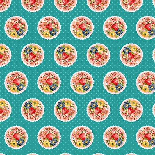 Betsy's Sewing Kit, Strawberry Pie, Teal, BK22108, sold by the 1/2 yard