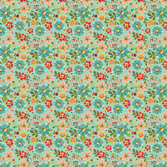 Betsy's Sewing Kit, Tossed Blooms, Teal, BK22102, sold by the 1/2 yard