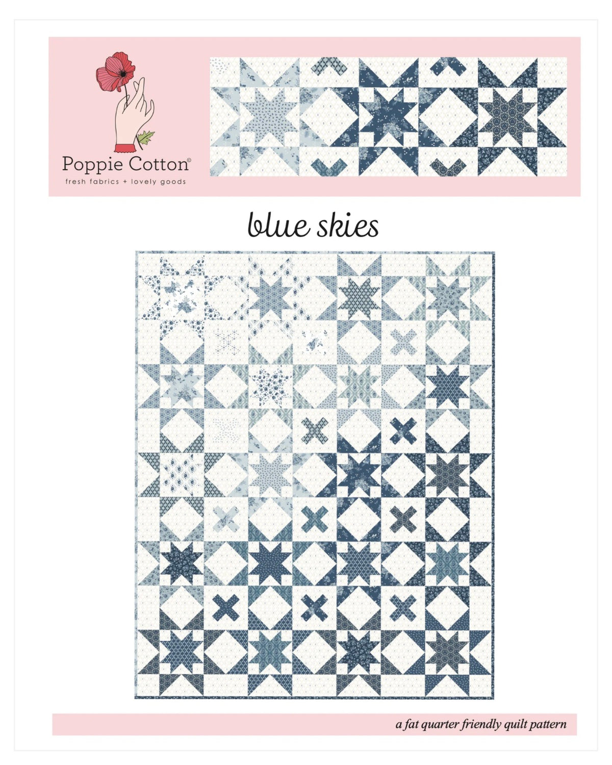 Blue Skies quilt kit by Poppie Cotton featuring Lakeland Blues fabric with blue and white patchwork and floral accents.