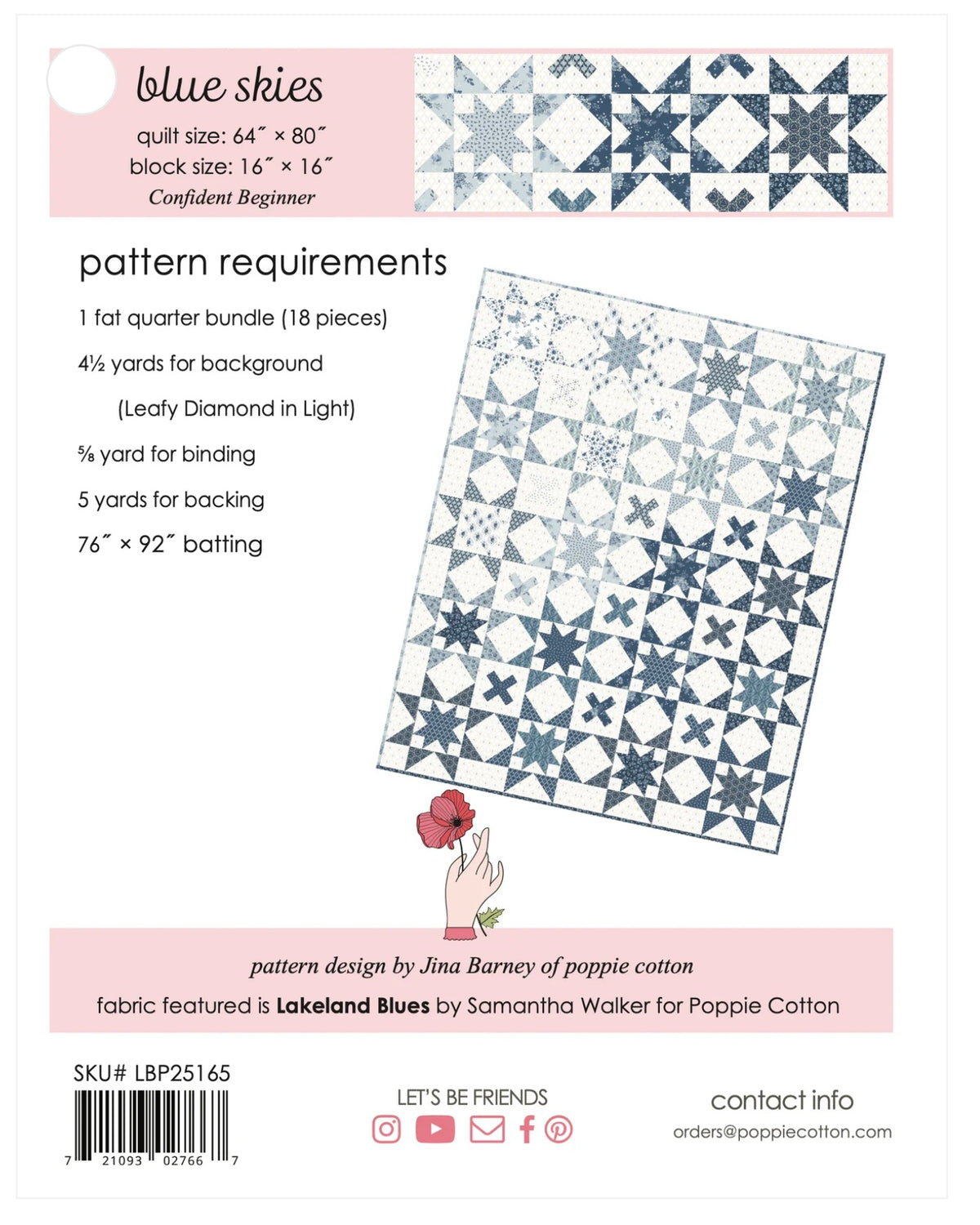 Blue Skies Quilt Kit featuring Lakeland Blues fabric collection by Poppie Cotton, includes quilt pattern and fabric pieces.