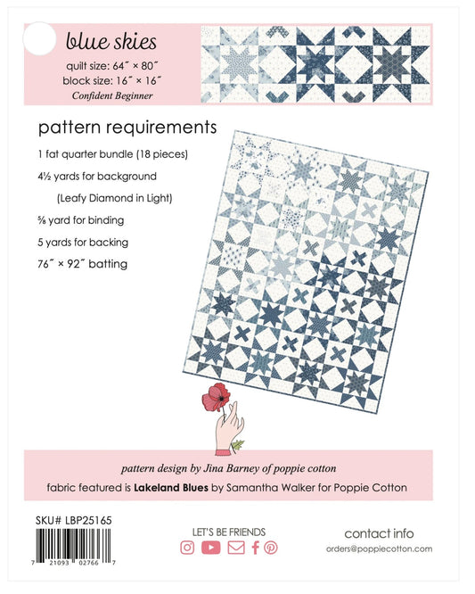 Blue Skies Quilt Kit featuring Lakeland Blues fabric collection by Poppie Cotton, includes quilt pattern and fabric pieces.
