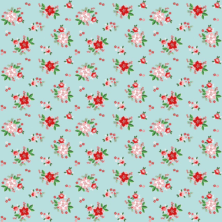 Pixie Noel 2 by Tasha Noel a Riley Blake Designs Collection, Aqua Poinsettias, Sold by the 1/2 yard - Good Vibes Quilt Shop