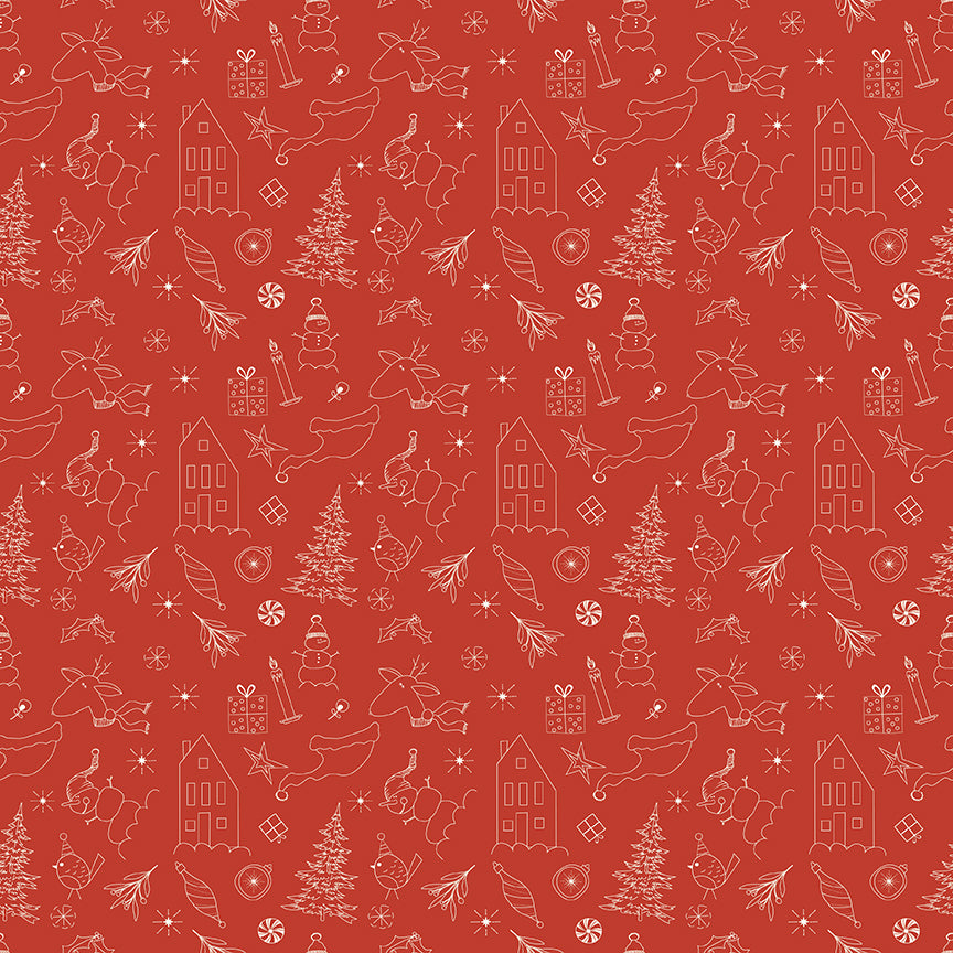 Christmas is in Town, C14742 Red Doodles Ornaments, sold by the 1/2 yard, PREORDER - Good Vibes Quilt Shop