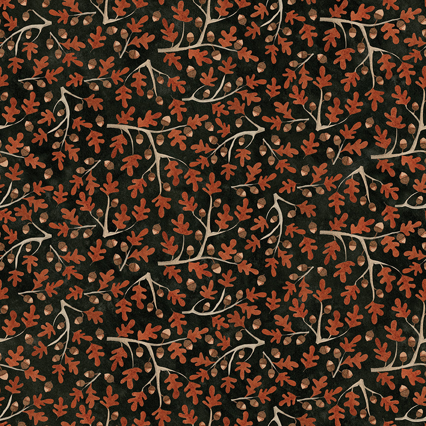 Bittersweet Farm, Midnight Gold Oaks and Acorns, C14853 Midnight Brown, Sold by the 1/2 yard