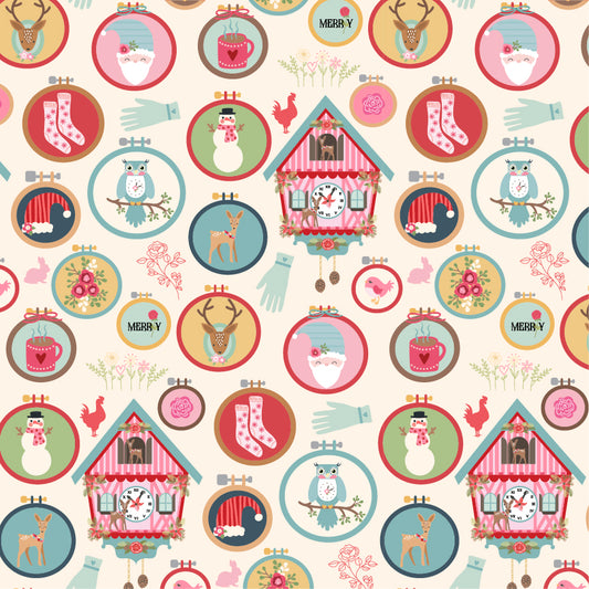Cuckoo Christmas Fabric by Lori Woods for Poppie Cotton | Winter Hoops Buff CH271201 | Sold by the 1/2 Yard | PREORDER!